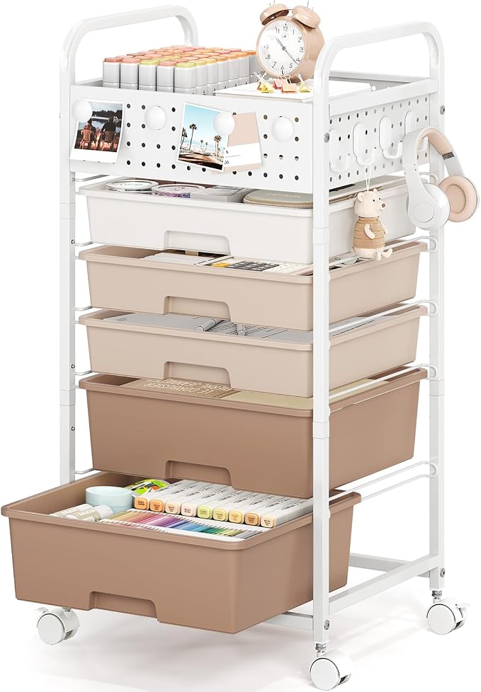 5 Drawer Rolling Storage Cart with Pegboard Top and Hooks, Brown | Mobile Organizer Cart with Wheels for Office Supplies, Craft Storage, Classroom Organization, Home Utility Cart