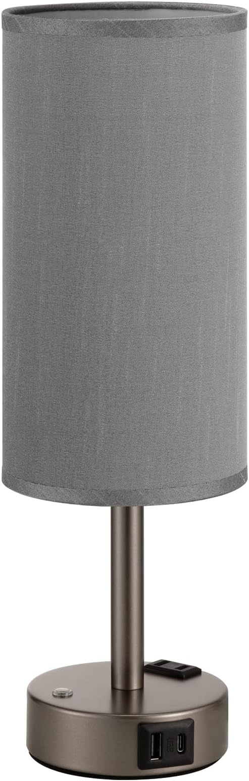 Grey Touch Bedside Lamp for Bedroom, Stepless Dimmable, USB A+C, AC Outlet | Base Touch Button Only, Memory Brightness, Ultra-dim Night Light, Included Bulb for Optimal Dimming, Grey Fabric Shade, Desk