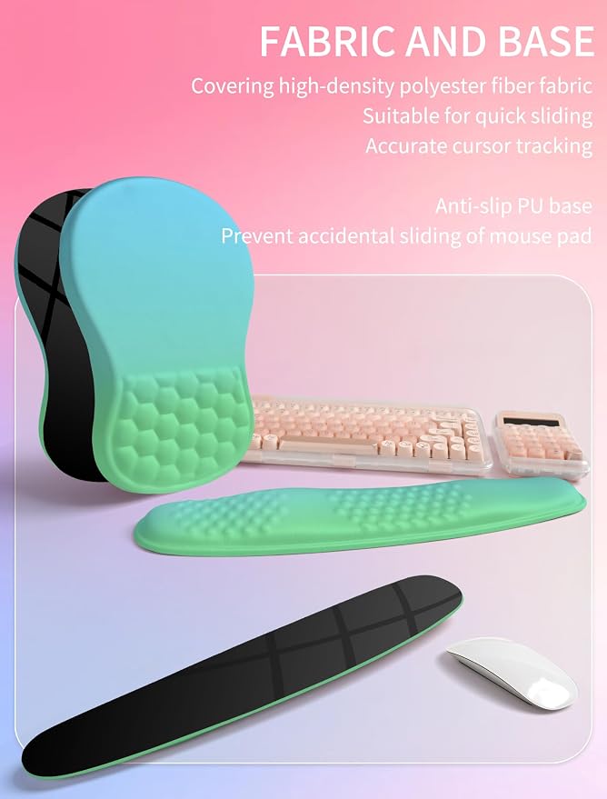 Hokafenle 2in1 Combination, Wave Keyboard Wrist Rest and Ergonomic Curvature Mouse Pad Wrist Support for Relieve Wrist Pain, Filled with Soft Cushion Memory Foam, Gradient Green