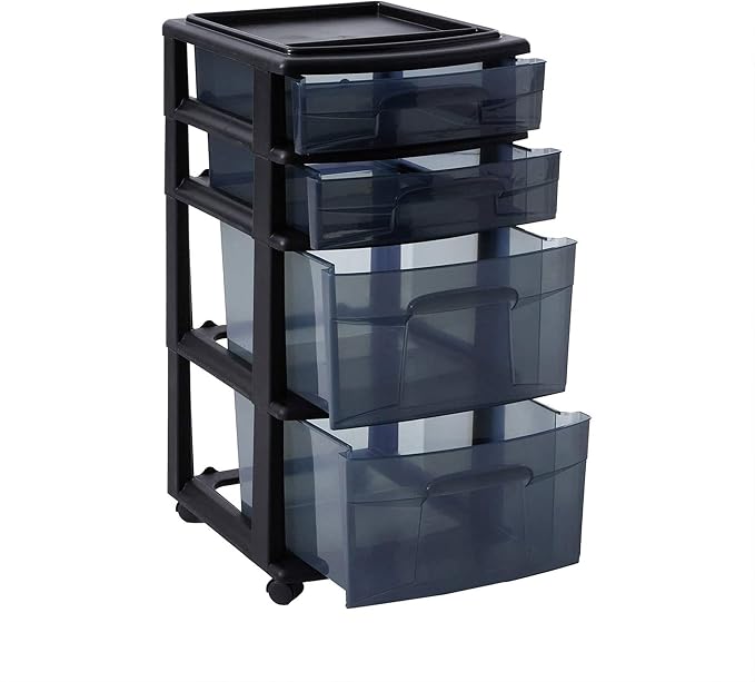 HOMZ Drawer Tower, 4-Tier Storage Cart with Removable Wheels, Black Frame | Plastic Organizer with Clear Bin Drawers for Bedroom, Bathroom, Home Office, and Dorm Rooms