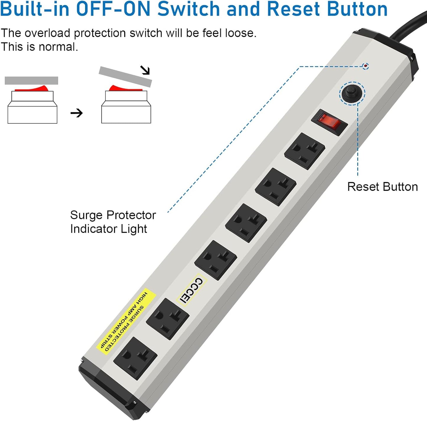 CCCEI Heavy Duty Power Strip Surge Protector 20 Amp, High Amp Industrial Shop Garage Metal Multiple Outlets, 12 FT 12 Gauge 5-15P Extension Cord 6 Outlet 6-20R T-Slot 20a for Appliance.