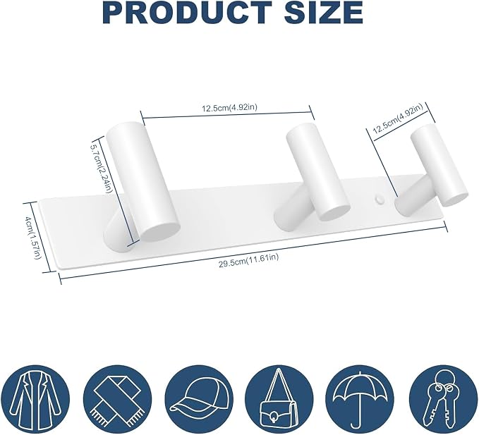 VAEHOLD Hat and Coat Wall Mount Rack - Hooks for Robes, Bags, Keys, and Towels - Bathroom Towel Hanger Organizer (White, “T“ Shape 3 Hooks 1 Pack)