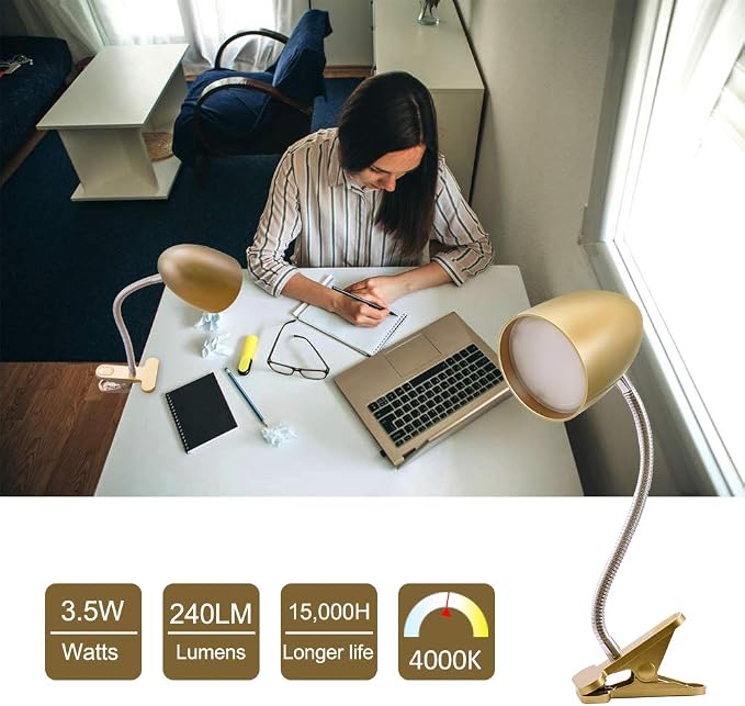 E ENERGETIC LIGHTING Clip on Light for Bed, Non-Dimmable Clip on Reading Light for Bed, 4000K Cool White, 3.5W 240 LM Desk lamp with clamp, Eye Protection, ETL Listed, Gold