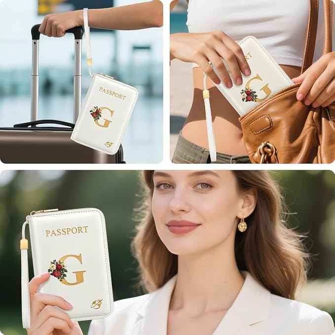 Passport Holder for Travel Personalized Wallet with Wristlet Women | All-in-One Passport Cover, RFID Blocking, Back Coin Pocket, Paper Money Slot, Zipper Closure, Roses Initial Letter, White G
