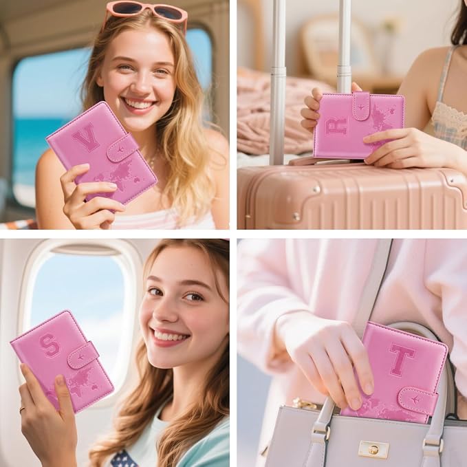 Passport Holder Cover Initial Letter A-Z Travel Wallet Personalized | Travel Essentials, Embossed Design, RFID Blocking, Personalized Gift, Passport Book Holders for Women and Girls, Pink-V