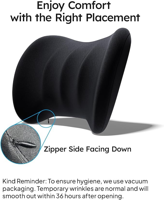 Wigoo Lumbar Support Pillow for Car-Office Chair, Black 1-Pack | Memory Foam| Ergonomic| Universal Fit