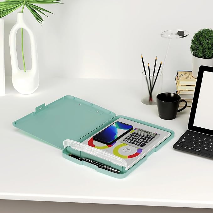 Piasoenc Clipboard with Storage, 8.5 x 11 Clip Board with Pen Holder, Teal | High Capacity, Heavy Duty Plastic Organization Box for A4 Legal Paper Folder, Folio & Side-Opening Nurses, Teachers, Student