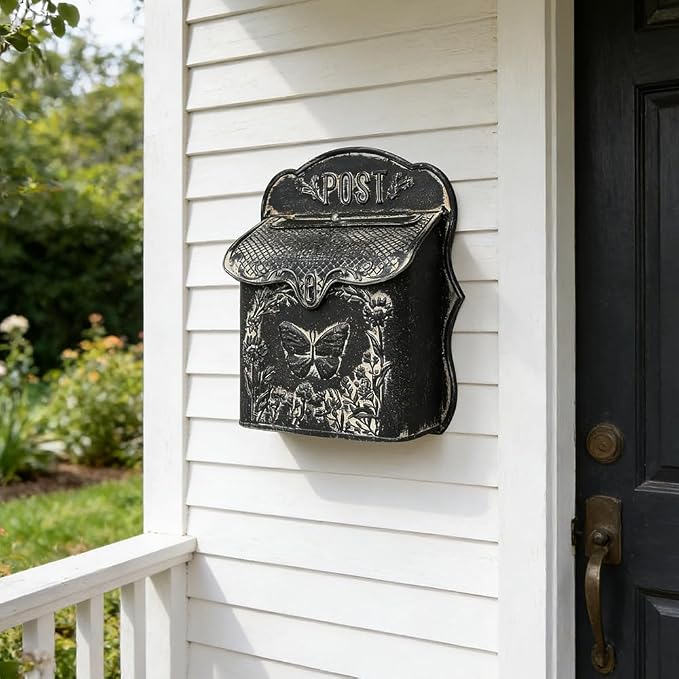 Mailbox Wall Mount Mailboxes for Outside Vintage Mail Boxes for House Outside Metal Drop Box Antique Style Nostalgic Charm Home Decorative, Butterfly Pattern, Black