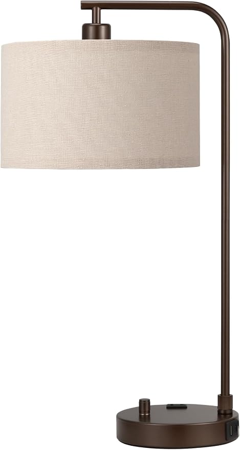 Innqoo Brown Table Lamp for Bedroom with USB Port and Outlet, Dimmable Nightstand Bedside Lamps with Linen Lampshade, Desk Lamp for Home Office, Living Room, Guest Room, LED Bulb Included