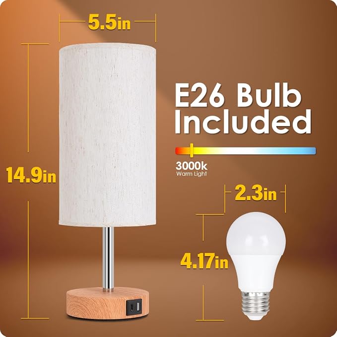 Yarra-Decor Bedside Lamp with USB A+C Port - Touch Control Table Lamp for Bedroom Wood 3 Way Dimmable Nightstand Lamp with Round Flaxen Fabric Shade for Home Office (LED Bulb Included)