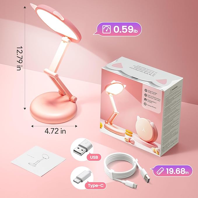 One Fire Cute Desk Lamp Pink Dorm Lamps for College Girls Foldable Portable Rechargeable Dimmable Cute Cat Lamp Kawaii Room Decor,College Dorm Decor for Girls Pink Classroom Essentials