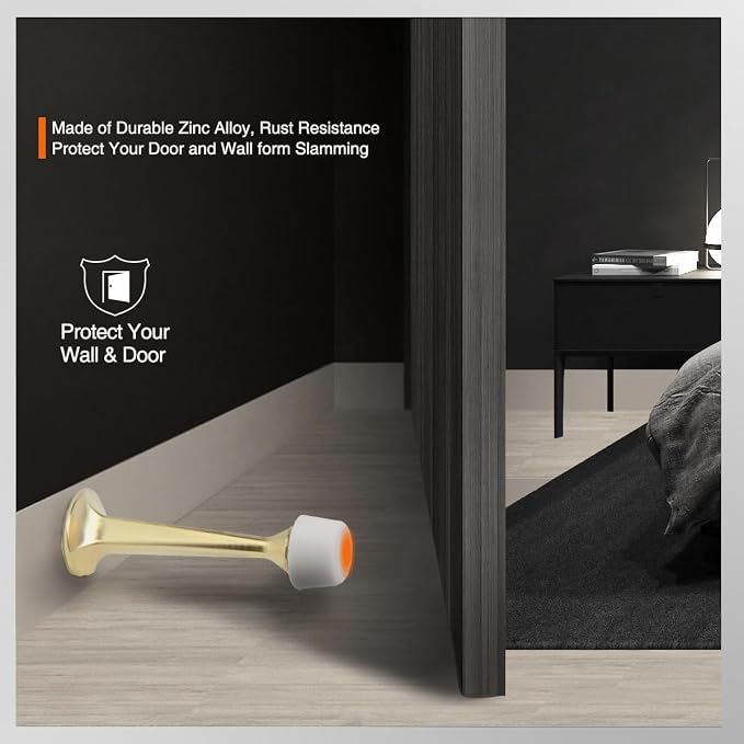 2 Pack Gold Solid Rigid Door Stops - Heavy Duty Door Stoppers Wall Protector with Soft Rubber Tips, Brushed Brass