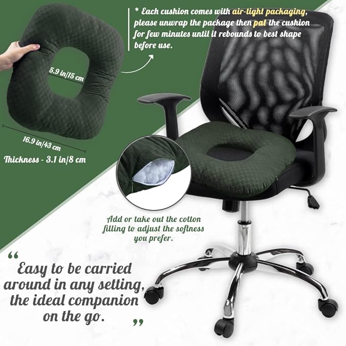 Stuffed Donut Pillow Seat Cushion | for Tailbone and Coccyx Pain, Hemorrhoids, Bed Sores, Pregnancy, Prostate, Surgery Recovery, Sitting Pressure Relief, for Home, Office and Car (Dark Green)
