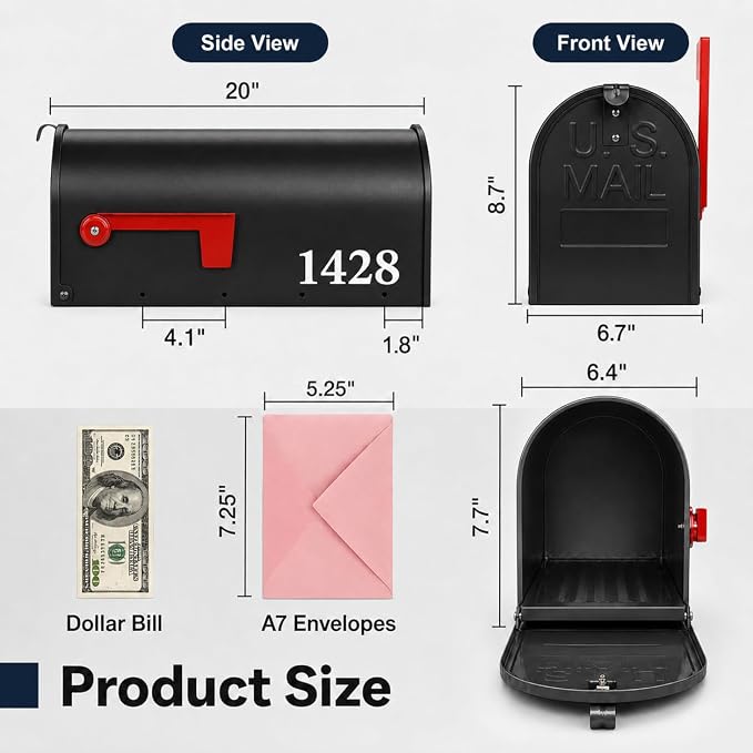 Mailbox for Outside,Metal Post Mount Outdoor MailBoxes - with Tools,Screws,Number Stickers,Red Flag Indicated,Medium Capacity,Galvanized Steel,Waterproof Mail Box for House Outside,20 x 8.7 x 6.7 ”