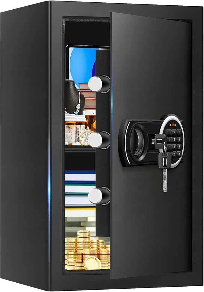 3.3 Cuft Large Home Safes Water and Fireproof with Digital Keypad & Key Lock, Security Safes for Home with DIY Removable Shelf, Anti-Pry Safe Box for Money Documents Jewelry, 19.69"H x13.78"W x 12.2"D