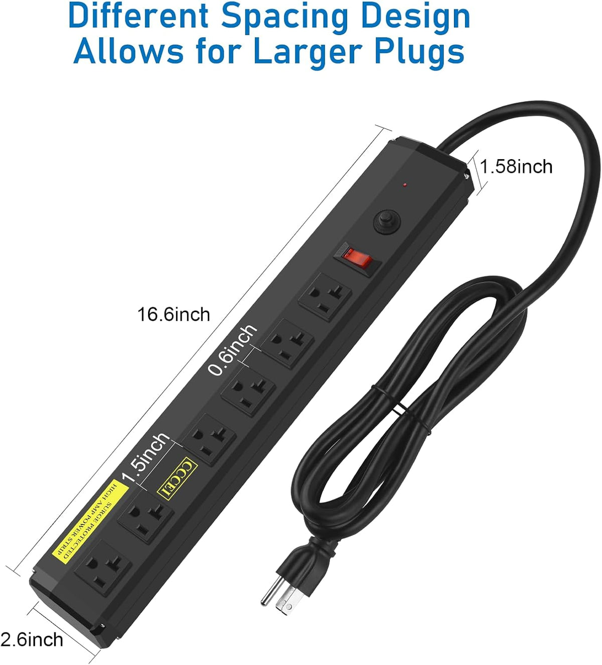 CCCEI Heavy Duty Power Strip Surge Protector 20 Amp, High Amp Industrial Shop Garage Metal Multiple Outlets, 15 FT 12 Gauge 5-15P Extension Cord 6 Outlet 6-20R T-Slot 20a for Appliance. Black.