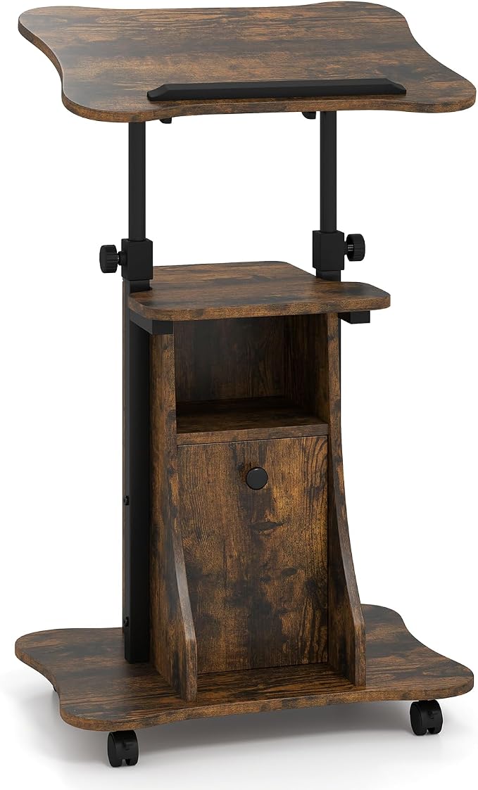 Tangkula Rolling Lectern Podium Stand, Height Adjustable Laptop Table with Tilting Tabletop & Storage Shelves, Compact Standing Desk with Lockable Casters for Home Office School (Rustic Brown)