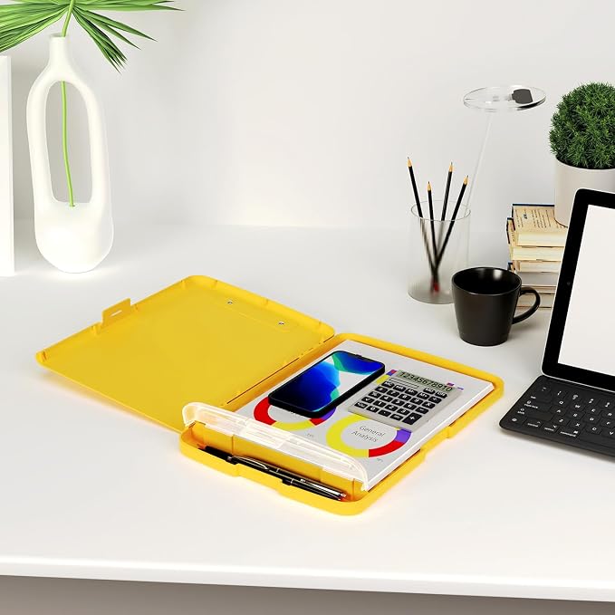 Piasoenc Clipboard with Storage, 8.5 x 11 Clip Board with Pen Holder,Yellow | High Capacity, Heavy Duty Plastic Organization Box for A4 Legal Paper Folder, Folio & Side-Opening Nurses, Teachers, Student