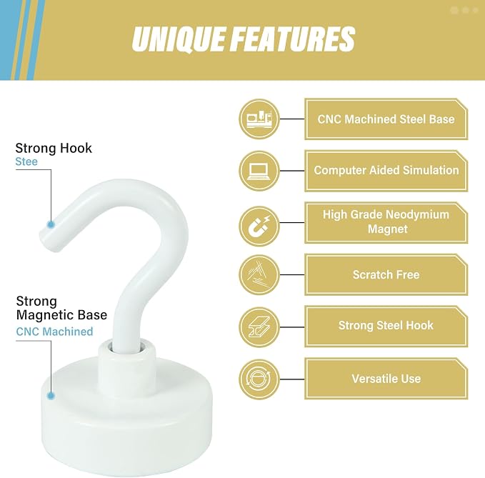 Neosmuk Magnetic Hooks, Heavy Duty 40lb+ Strong Magnet Hook for Cruise Cabins, Cruise Essentials 2026 for Hanging, Metal Wall Refrigerator Hangers (White, 10 Pack)