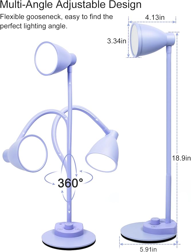 BOHON LED Desk Lamp with USB Charging Port, 3 Color Modes Dim, Lilac Purple | Reading Lamp, Auto Dimming Task Lamp, Flexible Neck Table Light for Office Dorm Bedside, Adapter Include
