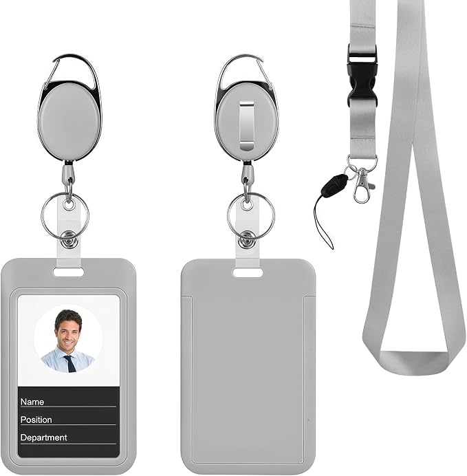 Retractable ID Badge Holder with Breakaway Lanyard,Heavy Duty Badge Reel,Detachable Keychain, Cruise Ship Cards Holder,for Nurse Officer Teacher Security Staff Women Men(Grey)