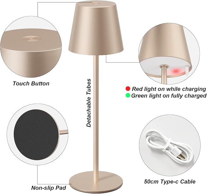 Kakanuo Champagne Gold Cordless Table Lamp Rechargeable - 2 Pack Battery Operated Lamp for Counter, 3 Color Stepless Dimming Wireless Lamp for Dining Kitchen, Outdoor Patio, Touch Control