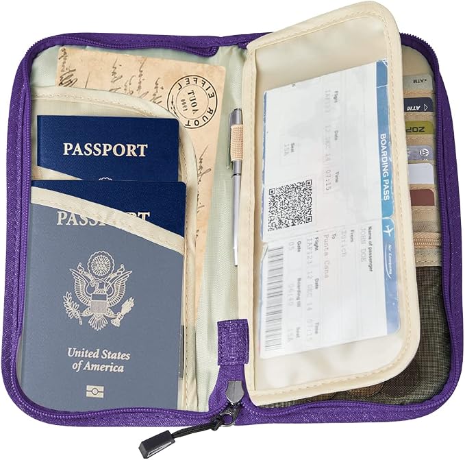 Passport Holder Family RFID Passport Wallet, Passport Holder Women/Men, Travel Wallet Documents Organizer Zipper Case with Removable Wristlet Strap, Travel Essentials for Flying