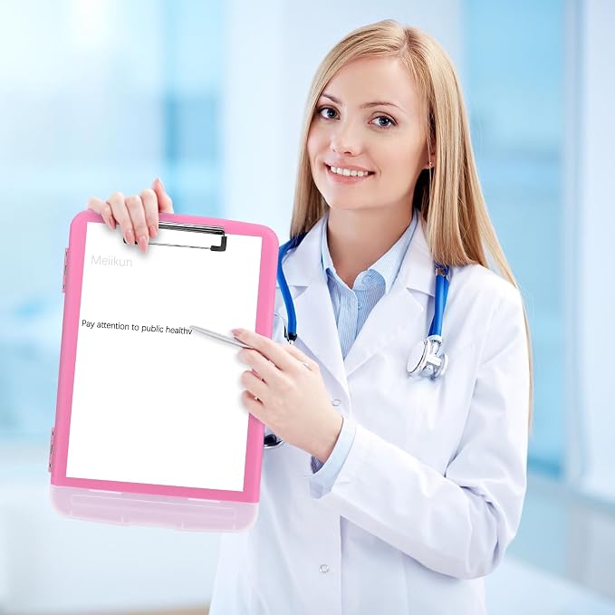 Meiikun Clipboard with Storage, Plastic Clipboards 8.5x11 with Pen Holder, High Capacity Nursing Clipboard Folder, Side Opening Storage Clip Board for Office Work Nurses Teachers (Pink)