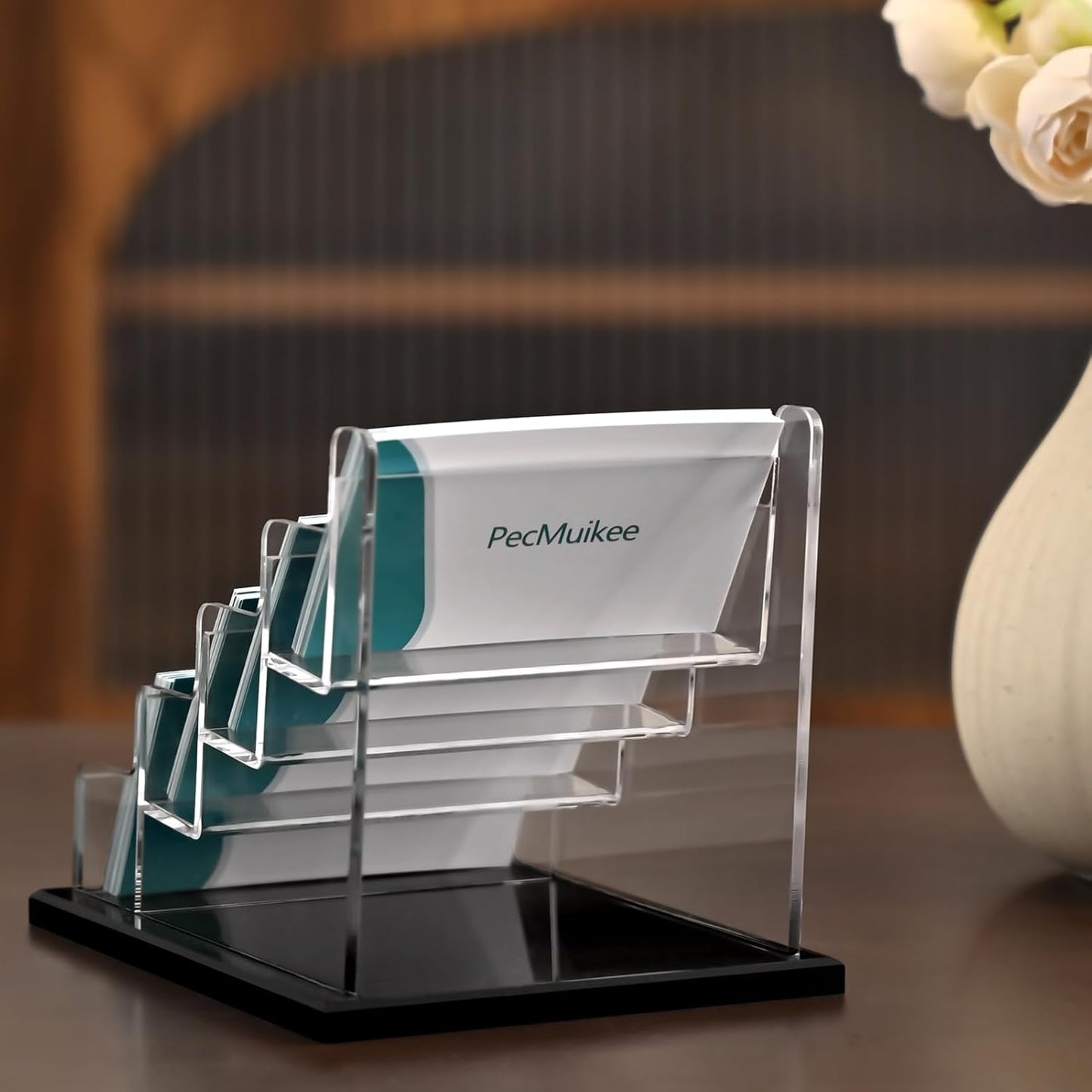 PecMuikee Business Card Holder for Desk,Acrylic Business Card Display Stand,Multiple Business Card Holders for Office, Exhibition, Home, Restaurant (4 Slot)