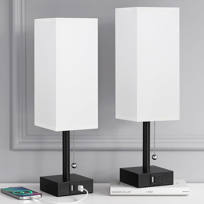 Set of 2 White Bedside Table Lamps for Bedroom - Nightstand Lamp, USB C+A | Pull Chain Lamp, 3 Color Modes(3000K/4000K/5000K), E26 LED Bulb Included, Square White Fabric Lampshade, for Read, Work, Dorm