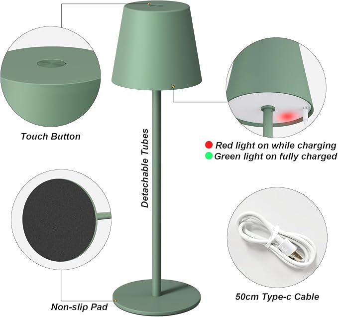 Kakanuo Cordless Table Lamp Rechargeable Green - KK 2 Pack 5000mAH Battery Operated Lamp for Dining Table, 3 Color Stepless Dimming Wireless Lamp for Counter, Outdoor Patio, Touch Control