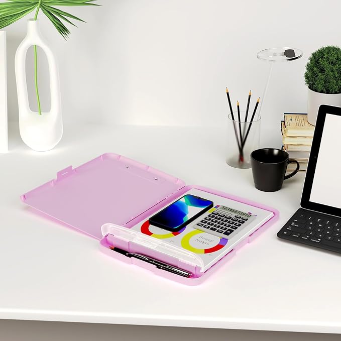 Piasoenc Clipboard with Storage, 8.5 x 11 Clip Board with Pen Holder, Pink | High Capacity, Heavy Duty Plastic Organization Box for A4 Legal Paper Folder, Folio & Side-Opening Nurses, Teachers, Student