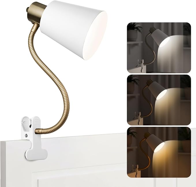 Desk lamp Eye-Caring Table Lamps, 360°Rotation Gooseneck Clip on Lamp Reading Light, Portable Reading Book Light, Clamp Light, Study Desk Lamps for Bedroom and Office Home Lighting (Black and White)
