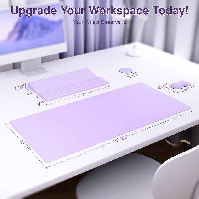 Ospelelf Keyboard Wrist Rest Stand Pad and Ergonomic Mouse Pad Set with Large Mousepad, Memory Foam Comfort, Premium Office Desk Accessories for Pain Relief, Purple