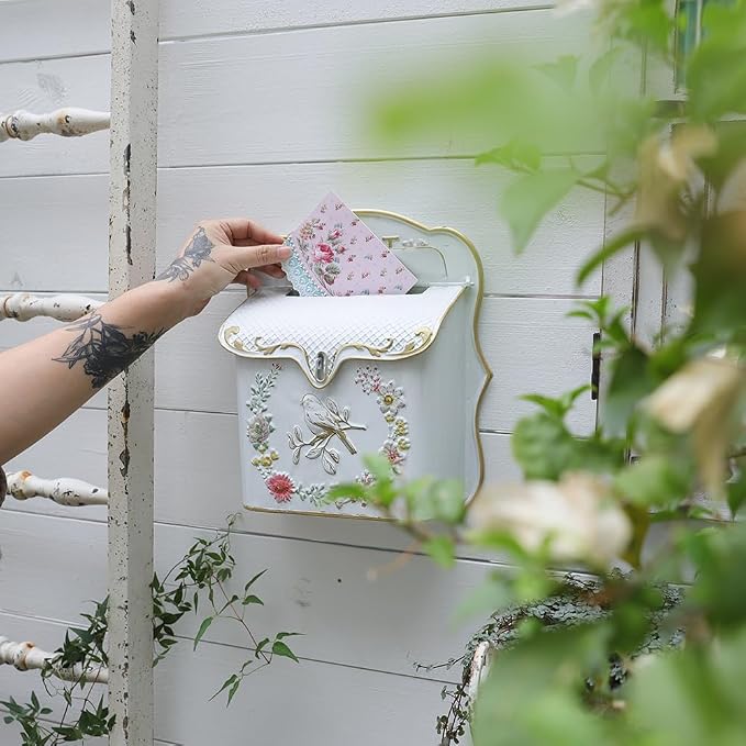 Wall Mount Mailboxes for Outside Vintage Mail Boxes for House Outside Metal Door Mailbox Drop Box Antique Style Nostalgic Charm Home Decorative, White