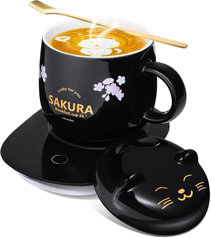 Honeydak Coffee Mug Warmer Cute Cat Mug Set Cup Warmer for Women Heated Coffee Warmers for Mom Home Office Desk Valentine's Day Anniversary Birthday Gifts(Sakura,Black)