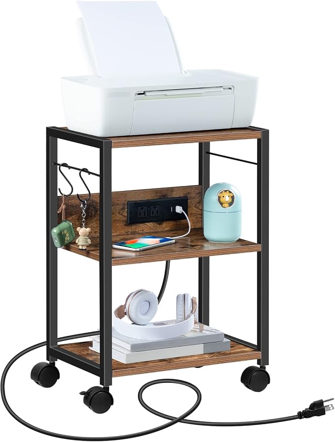 MAHANCRIS Industrial Printer Cart, 3-Tier Mobile Printer Stand, Rolling Cart with Power Outlets and USB Ports, Home Printer Stand with 2 Hooks, for Office, Living Room, Rustic Brown PTHR40E01Z