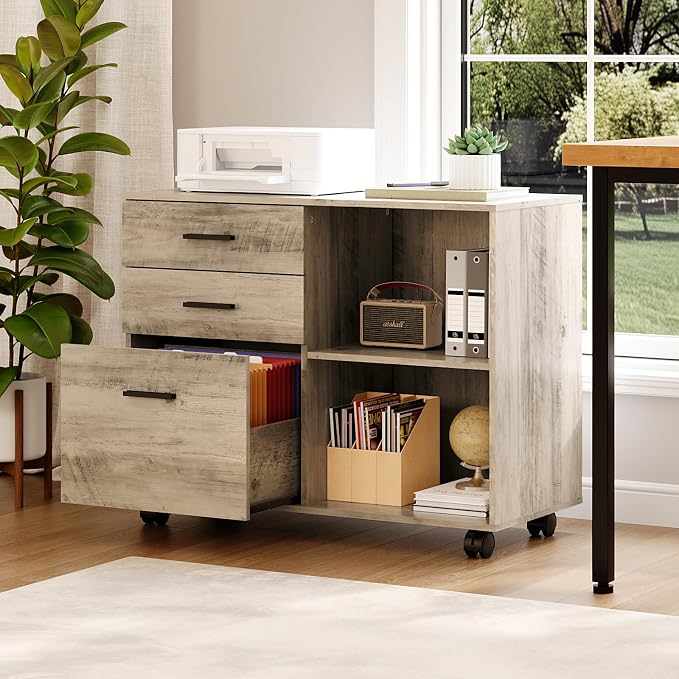 VINGLI 3 Drawer Wood Lateral File Cabinet with Adjustable Shelves & Locking Wheels, Printer Stand with Drawers for Letter Files, Sturdy File Cabinets for Home Office, Study & Business, Rustic Gray