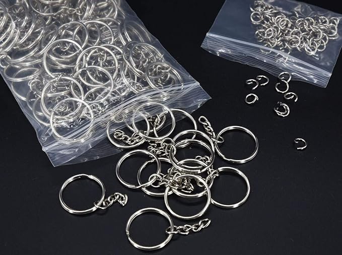 KANSPHY 100 Pack Key Ring with Chain and Open Jump,1 inch Split Round Keychain Rings Bulk for Craft Making Jewelry