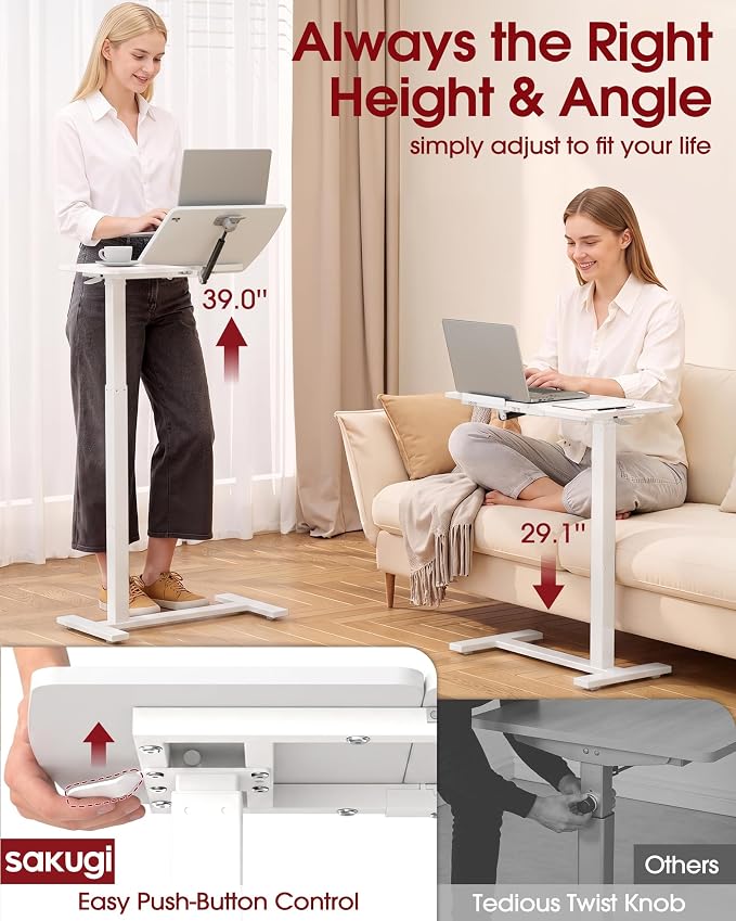 Sakugi Overbed Bedside Table with Wheels, Right-Side Tilt Top, Laptop Desk | Home & Office, Hospital Bed Table, Rolling Bed Tray, Height Adjustable, White,12.9" D × 27.6" W × 29.1"–39" H