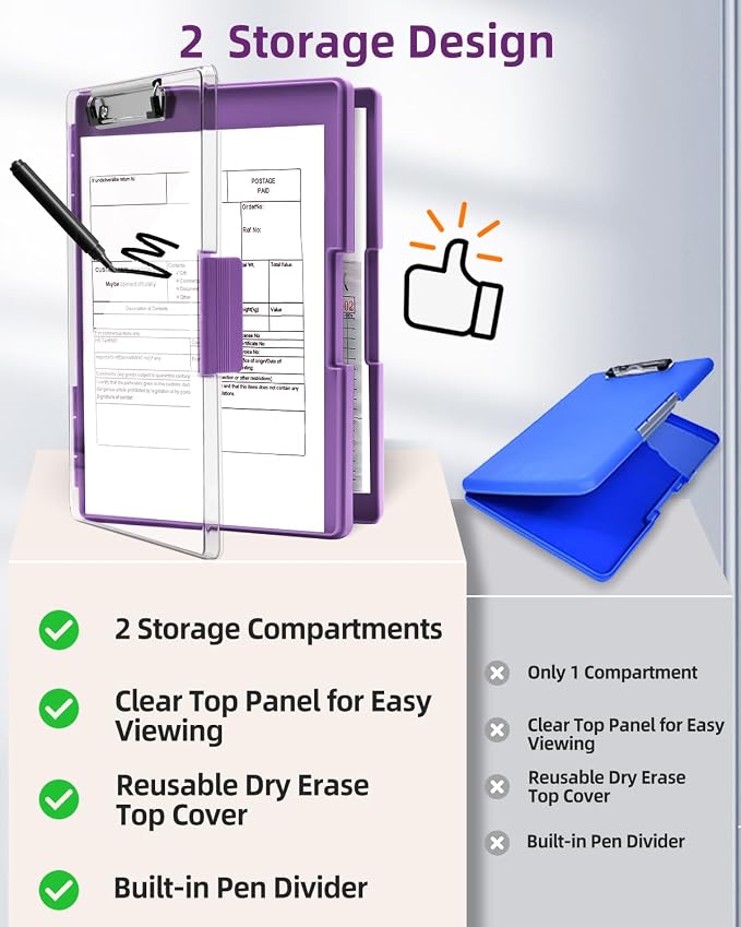 Clearview Clipboard with 2 Storage, Dry Erase 8.5x11 Heavy Duty ClipBoards - High Capacity Coaches Clip Board with Pen Holder - Side Opening Plastic Nursing Clip Case (Dark Purple)