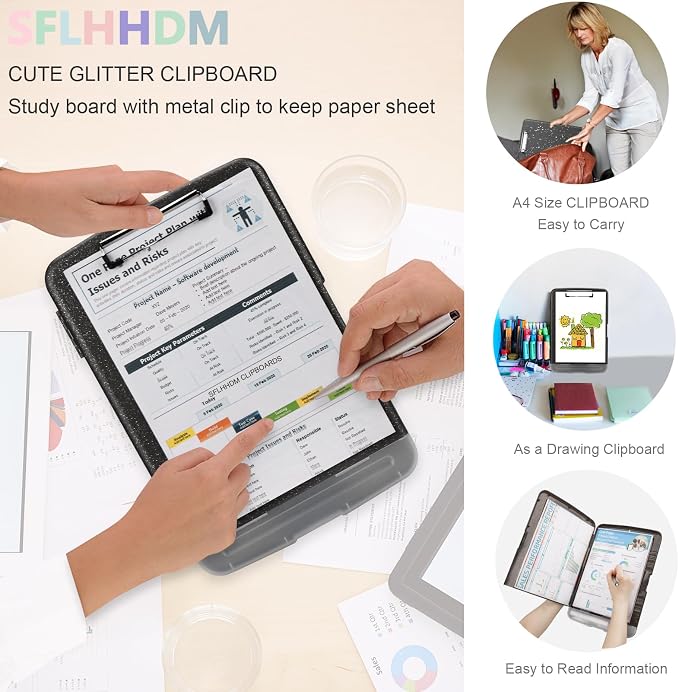 SFLHHDM Glitter Clipboard with Storage, Plastic Storage Clipboard with Pen Holder, Clip Boards 8.5x11 with Low Profile Clip, Side Opening Sparkle Clipboards Folder for Office (Glitter Dark Gray-Black)