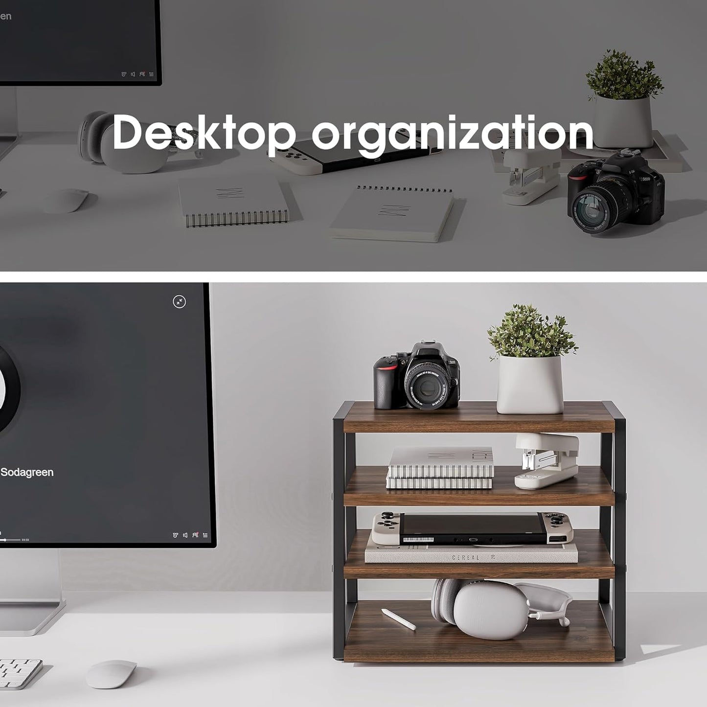 Fenge Desk Shelf Organizer, 4 Tier Desktop Shelf, Wood and Metal Office Shelves, Corner File Organizer for Office Supplies, Top of Desk Organizers and Accessories
