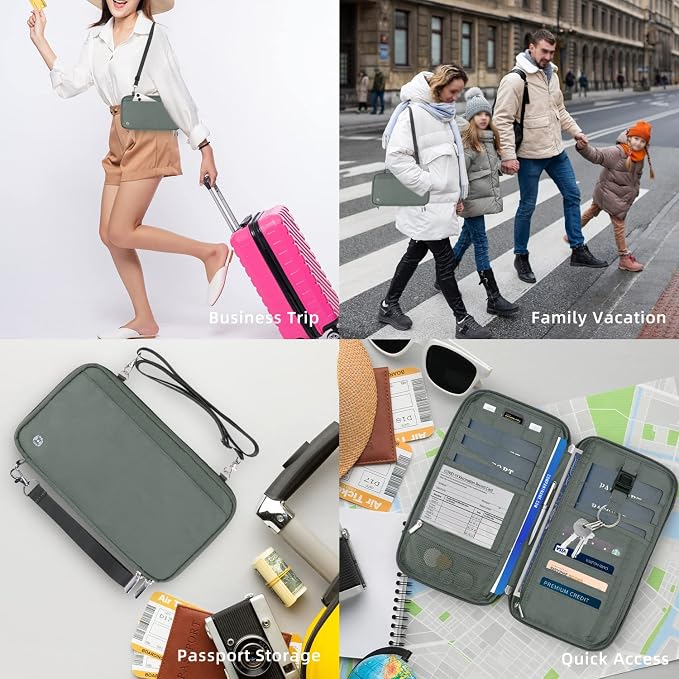 WALNEW Passport Holder for Travel Family, RFID Blocking Passport Wallet | International Travel Essentials, Travel Document Holder with Wristlet and Cross Body Straps, Fits 7 Passports for Family