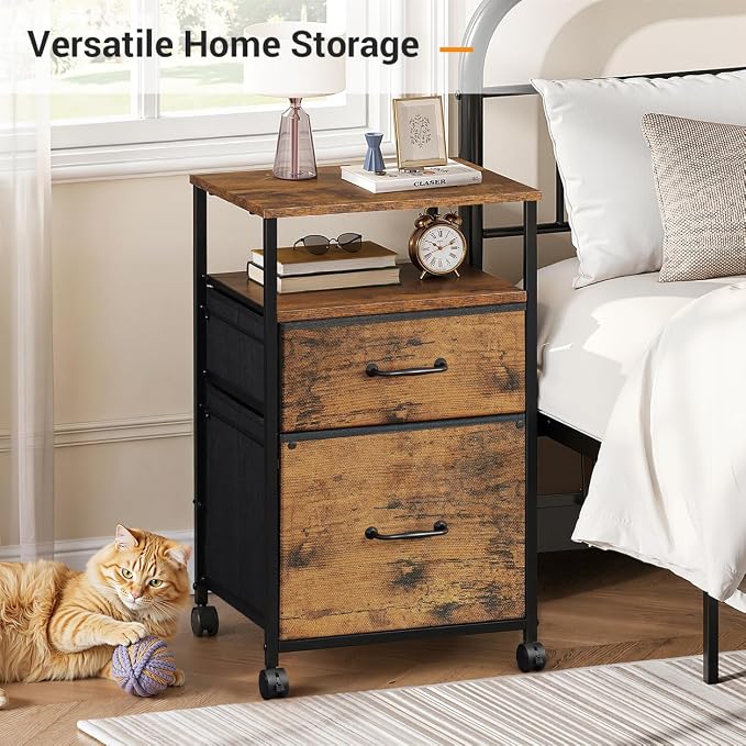 DEVAISE 2 Drawer Mobile File Cabinet with Open Storage Shelf | Rolling Printer Stand, Fabric Vertical Filing Cabinet fits A4 or Letter Size for Home Office, Rustic Brown Wood Grain Print