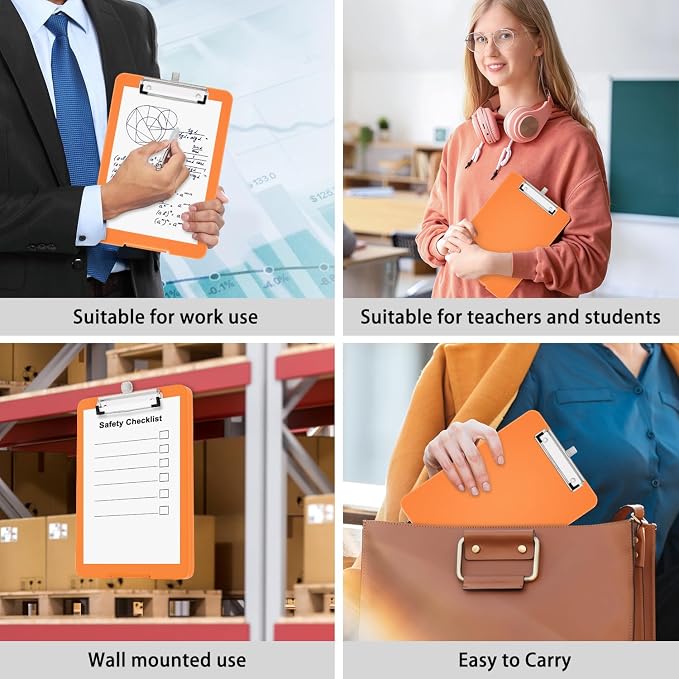 Hongri A5 Clipboard with Storage, Metal Retractable Pen Holder, Orange | 6 x 9'' Nursing Plastic Foldable Clip Board, Size 9.4 x 6.1 x 0.9 in, Menu Box for Work, Office & School Supplies
