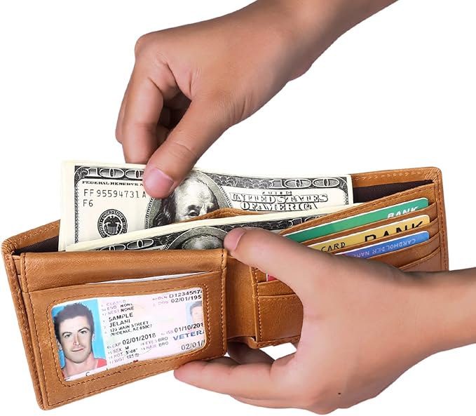 Wallet for Men Genuine Leather RFID Blocking Bifold Wallet With 2 ID Windows (Khaki)