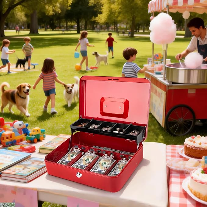 Jssmst Cash Box with Money Tray and Lock -Red Cash Box with Key Lock Safe Money Box Large, Locking Cash Register Drawer Box for Money, 11.8'' x 9.5'' x 3.5'', SM-CB005RED