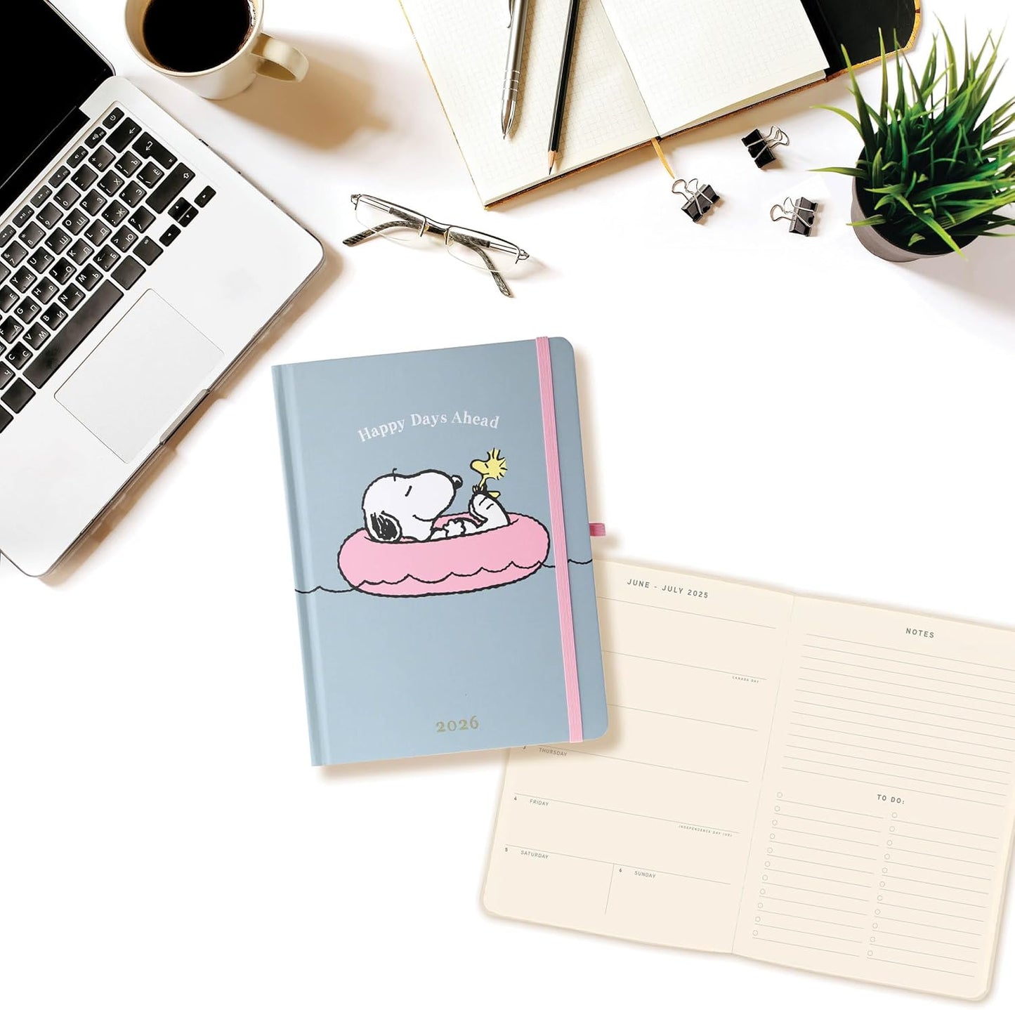 July 2025 – Dec. 2026 Planner by Graphique, Weekly and Monthly Planner, 18 Months Calendar, Hardcover, Peanuts Pink Floatie, 6” x 8”