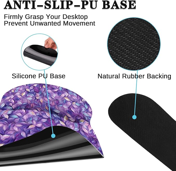 Ergonomic Mouse Pad Set with Wrist Rest, Purple Leaves | Oil Painting Non-Slip Rubber Base Wrist Cushion Support and Coasters Mousepad with Wrist Support for Computer Keyboard